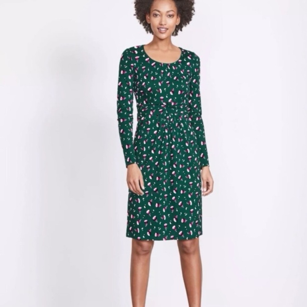 Boden Green Long Sleeve Printed Tie-Waist Dress with Pink Accents